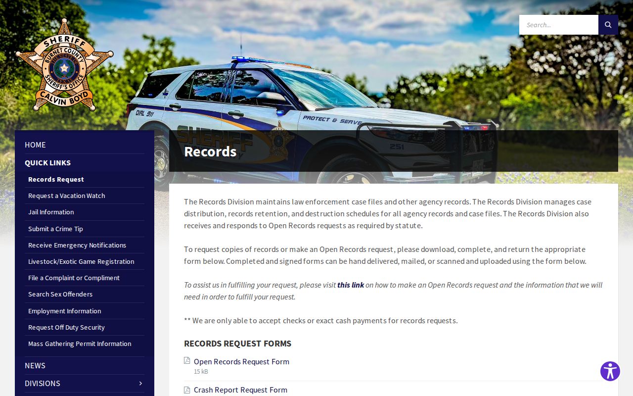 Burnet County arrest records request upload page