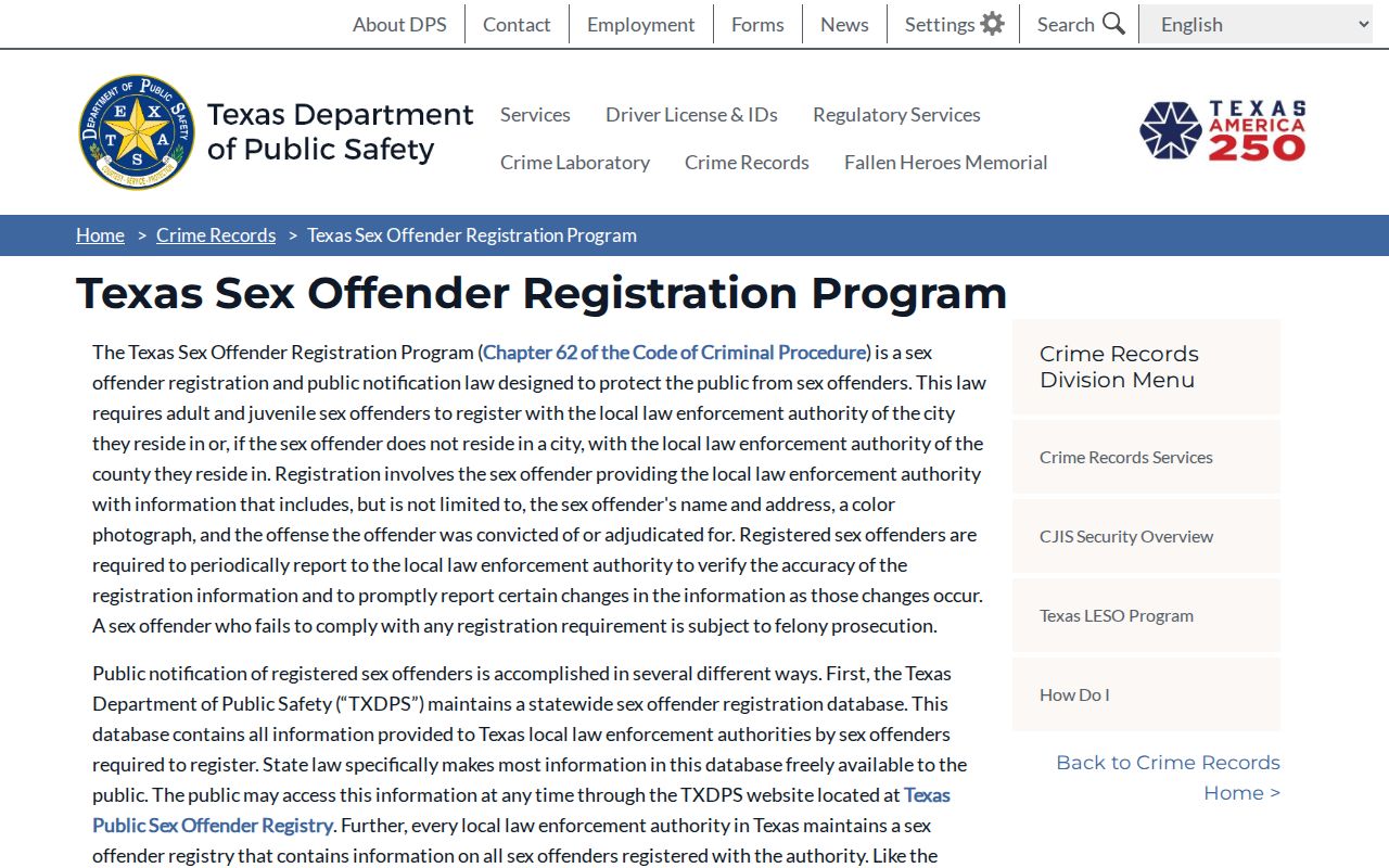 Burnet County sex offender registry program information from Texas DPS